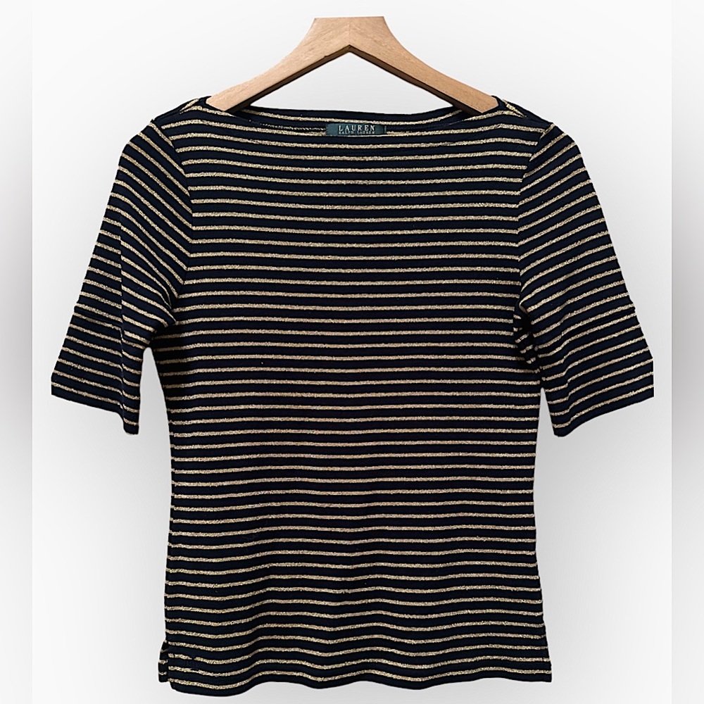Ralph Lauren Black Gold Boatneck Nautical Short Sleeve Dress Top Size Medium